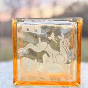 Vintage Amber Block Etched Glass Holiday Design